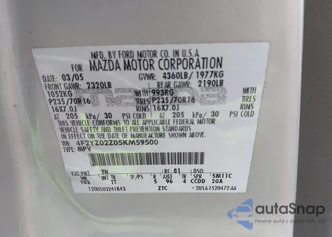 2005 Mazda Tribute I из США, поврежденный, VIN 4F2YZ02Z05KM59500